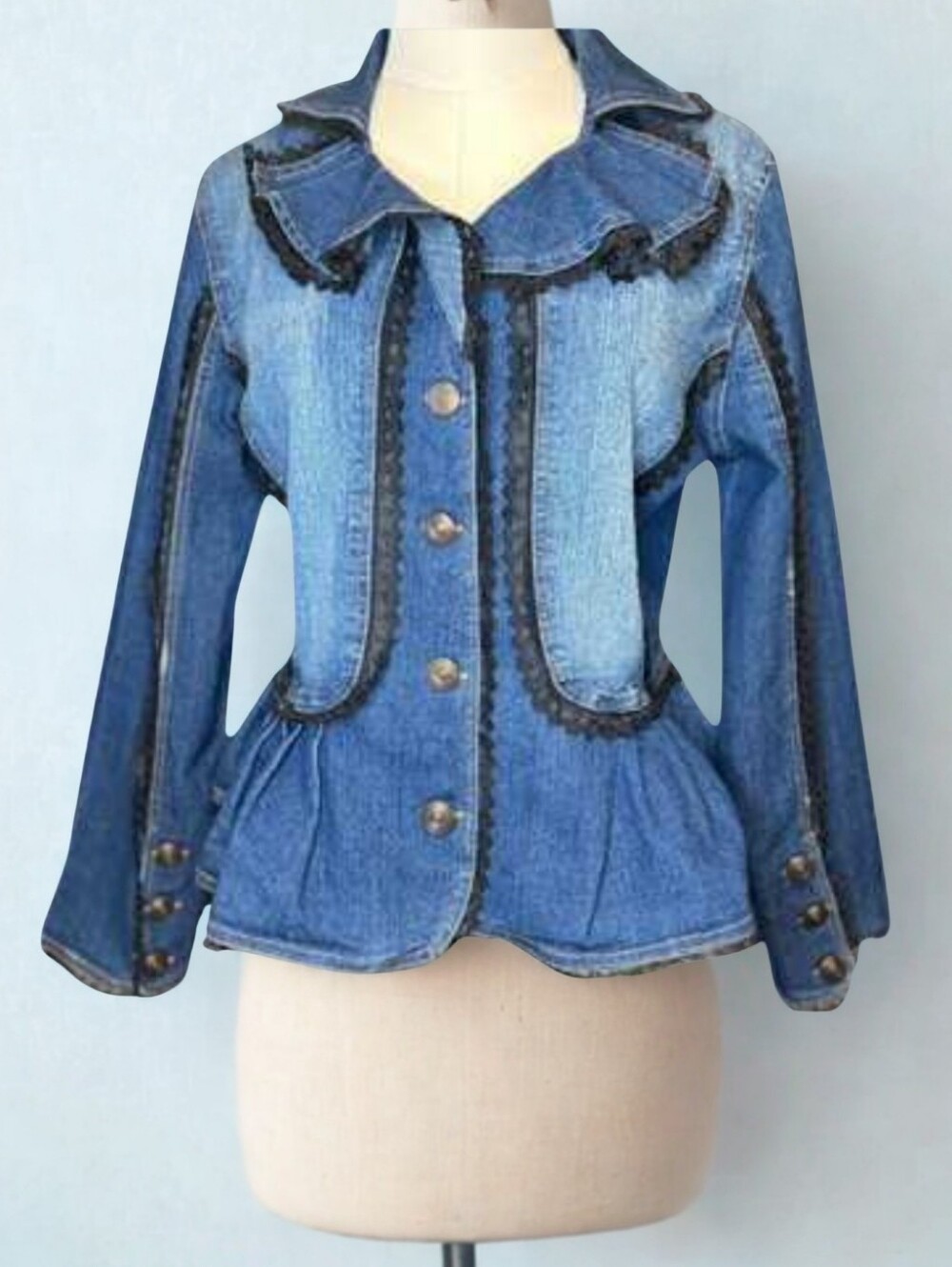 VTG Denim Lace Trim Ruffled Collar Jacket • Steampunk Whimsigoth • Large